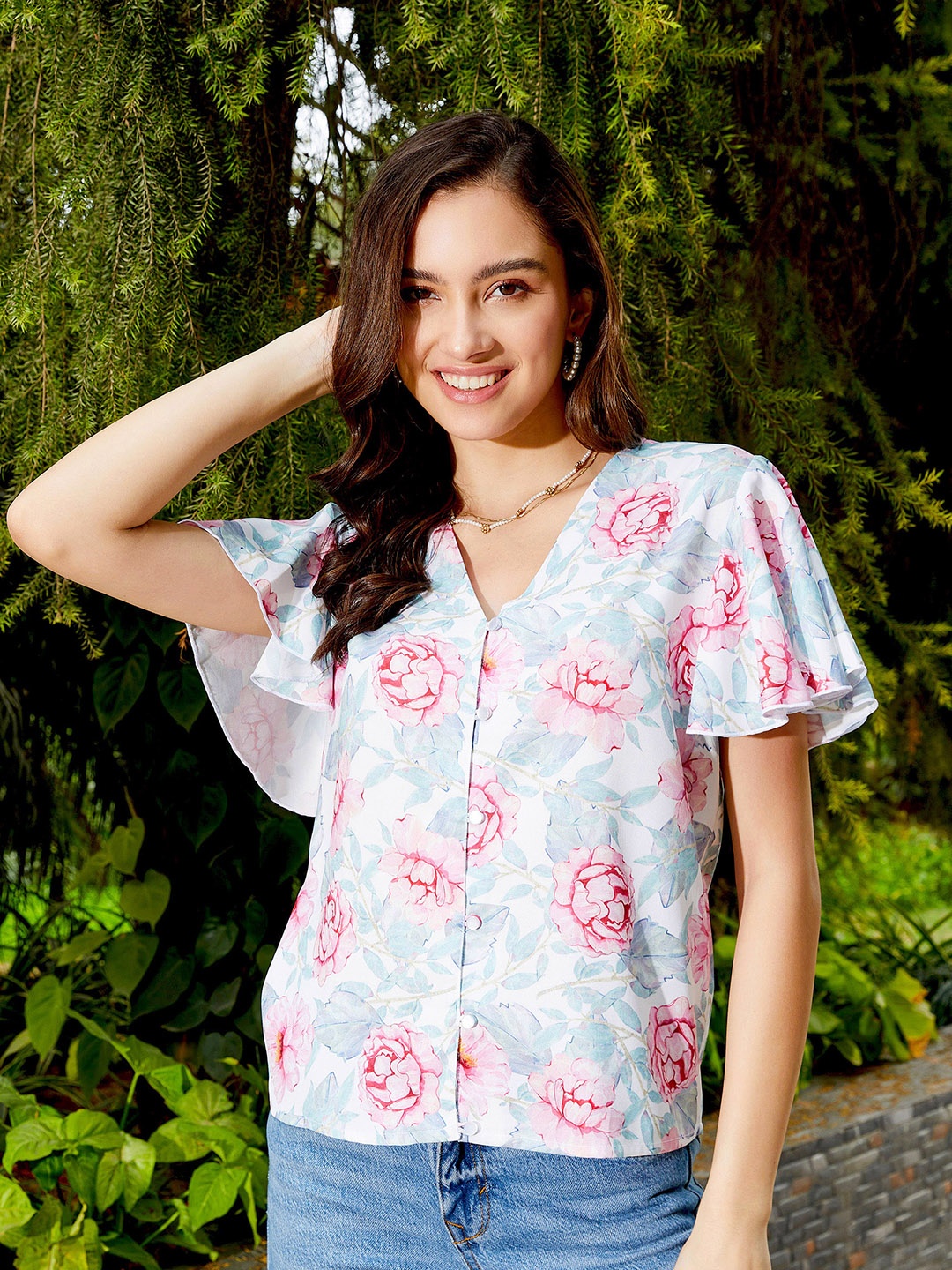 

SASSAFRAS Pink Floral Printed V-Neck Top