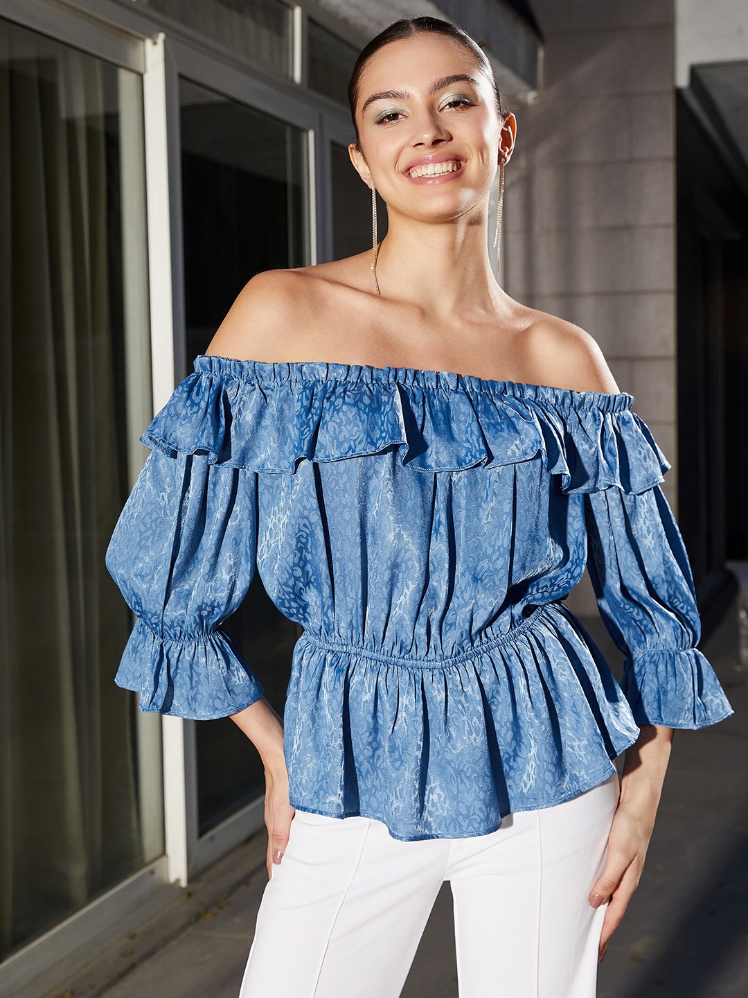 

SASSAFRAS Abstract Printed Off-Shoulder Ruffled Georgette Peplum Top, Blue