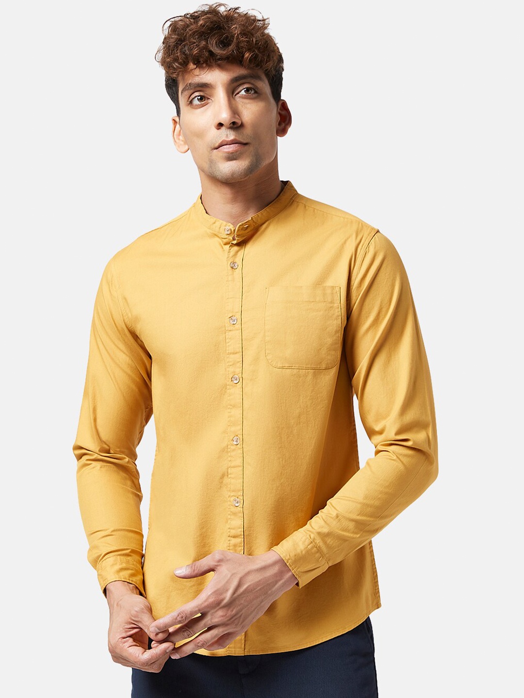 

BYFORD by Pantaloons Slim Fit Mandarin Collar Cotton Casual Shirt, Mustard