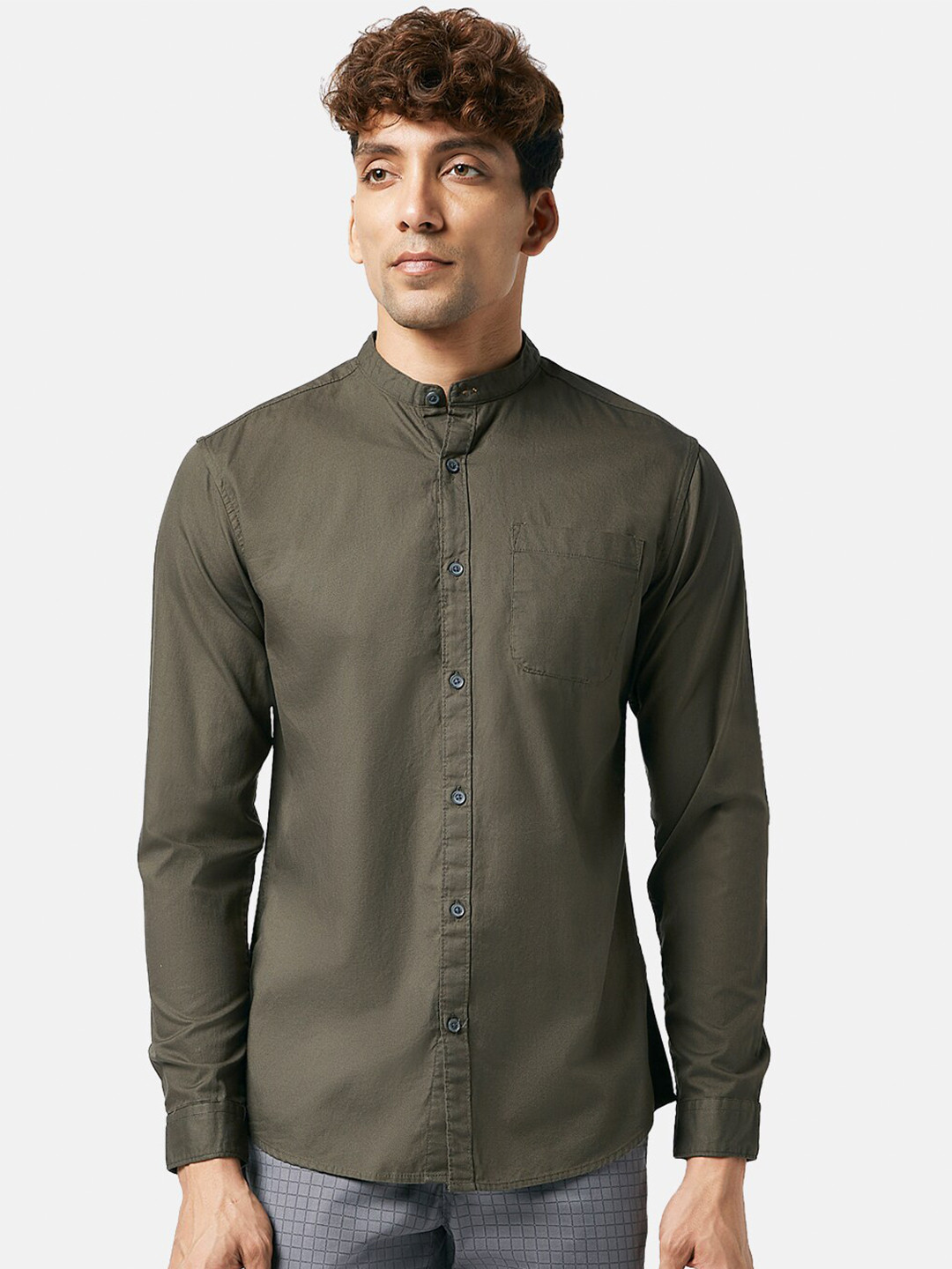 

BYFORD by Pantaloons Slim Fit Mandarin Collar Casual Shirt, Olive