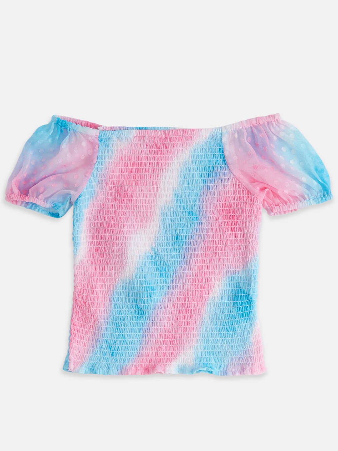 

Pantaloons Junior Girls Tie And Dye Off-Shoulder Smocked Cotton Bardot Top, Blue