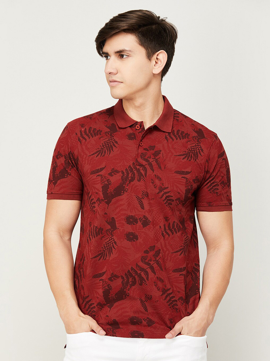 

CODE by Lifestyle Floral Printed Polo Collar Cotton T-Shirt, Maroon