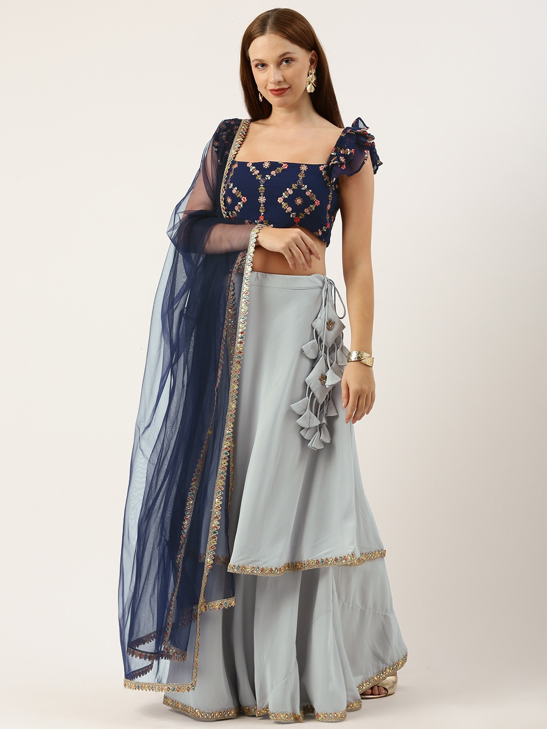 

Ethnovog Embroidered Sequinned Ready to Wear Lehenga & Blouse With Dupatta, Blue