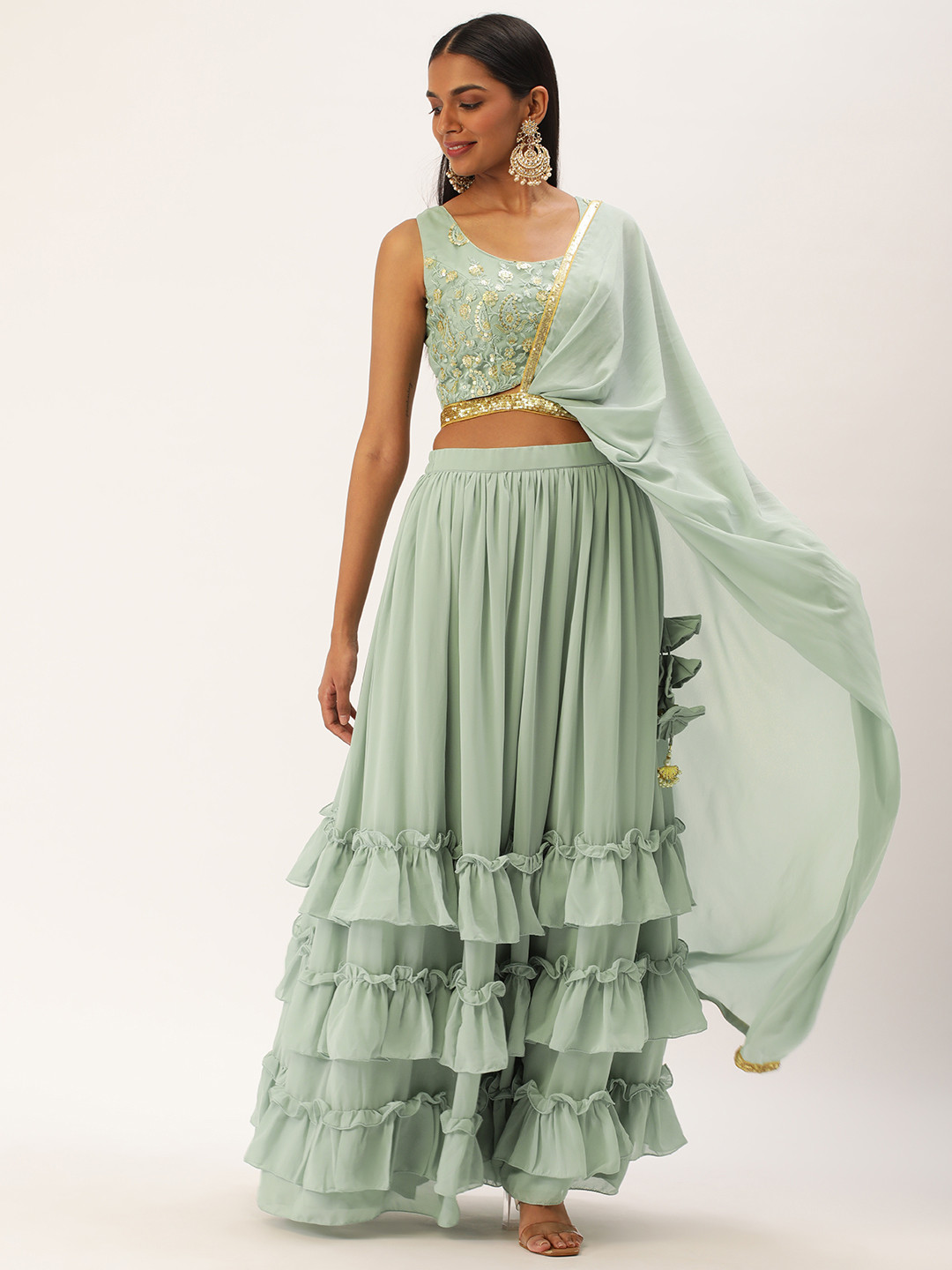 

Ethnovog Embroidered Sequinned Ready to Wear Lehenga & Blouse With Dupatta, Blue