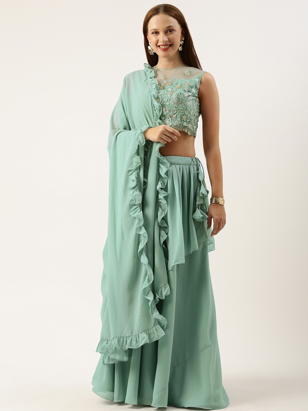 

Ethnovog Embroidered Sequinned Ready to Wear Lehenga & Blouse With Dupatta, Blue
