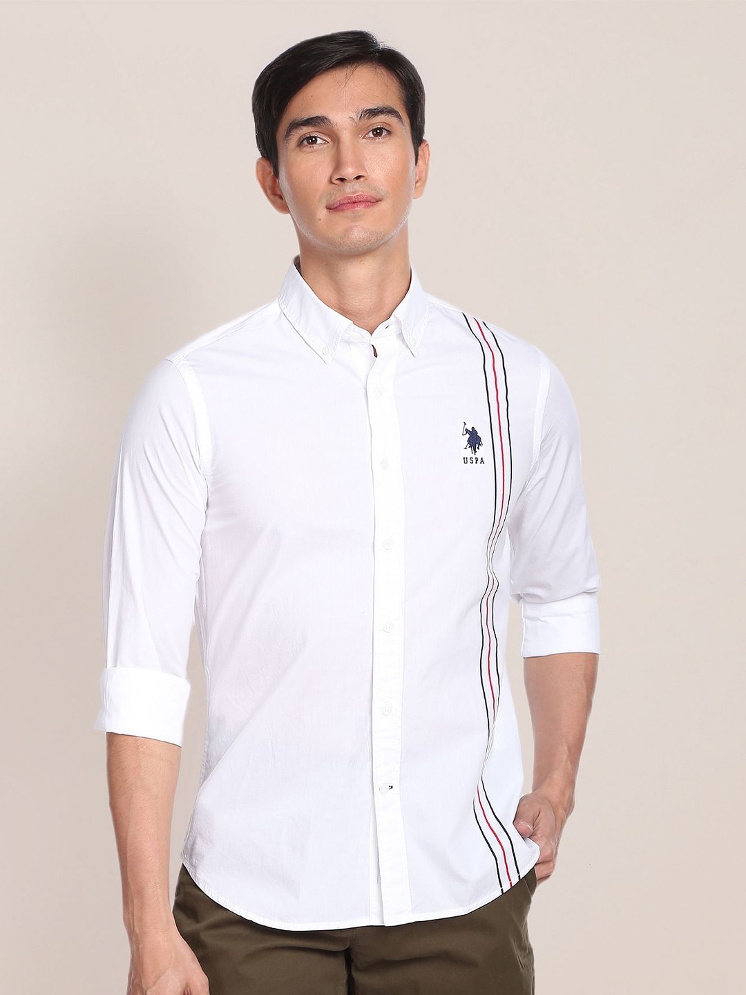 

U.S. Polo Assn. Engineered Striped Pure Cotton Casual Shirt, White