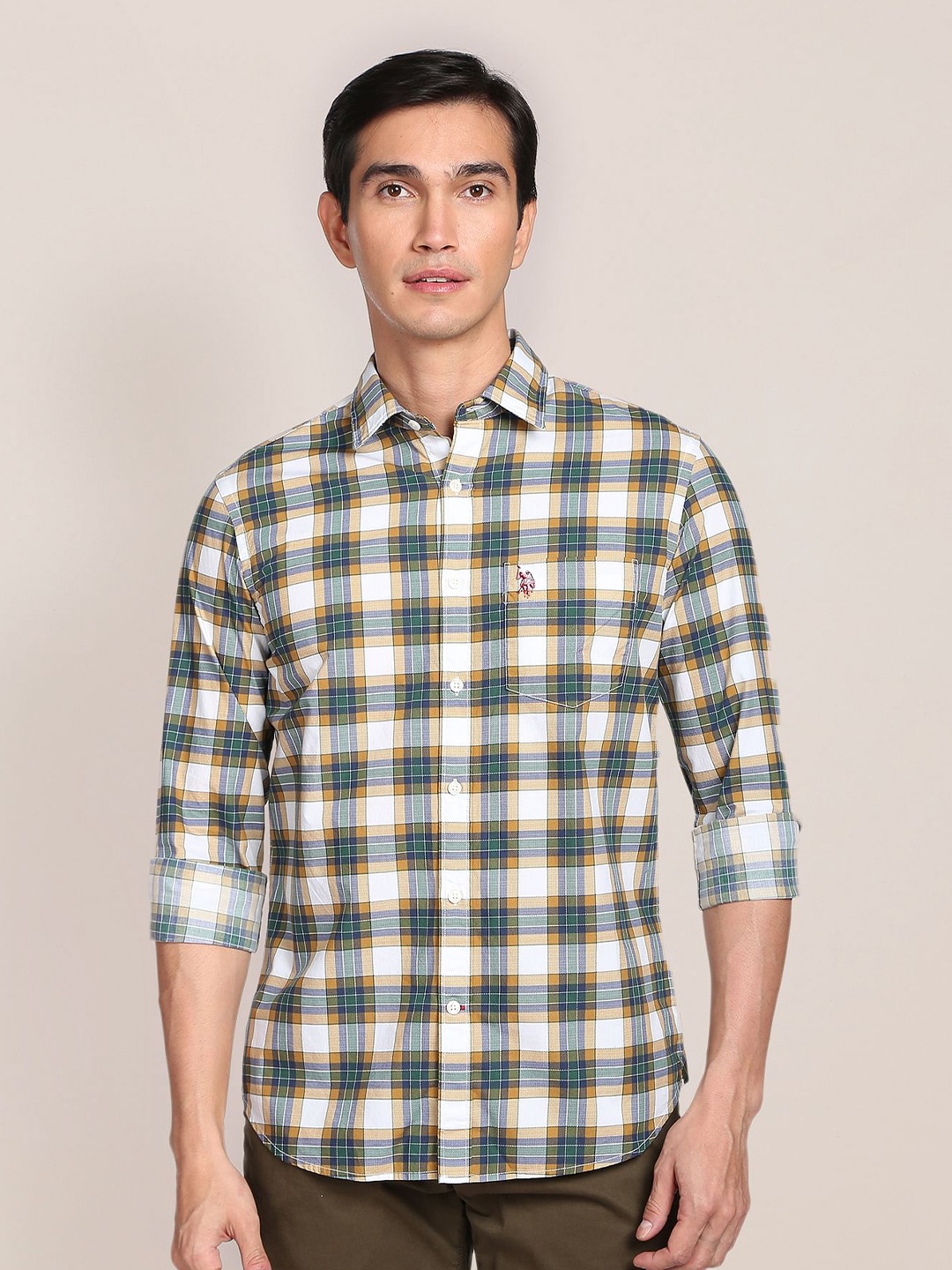 

U.S. Polo Assn. Spread Collar Tartan Check Pure Cotton Casual Shirt, Off white