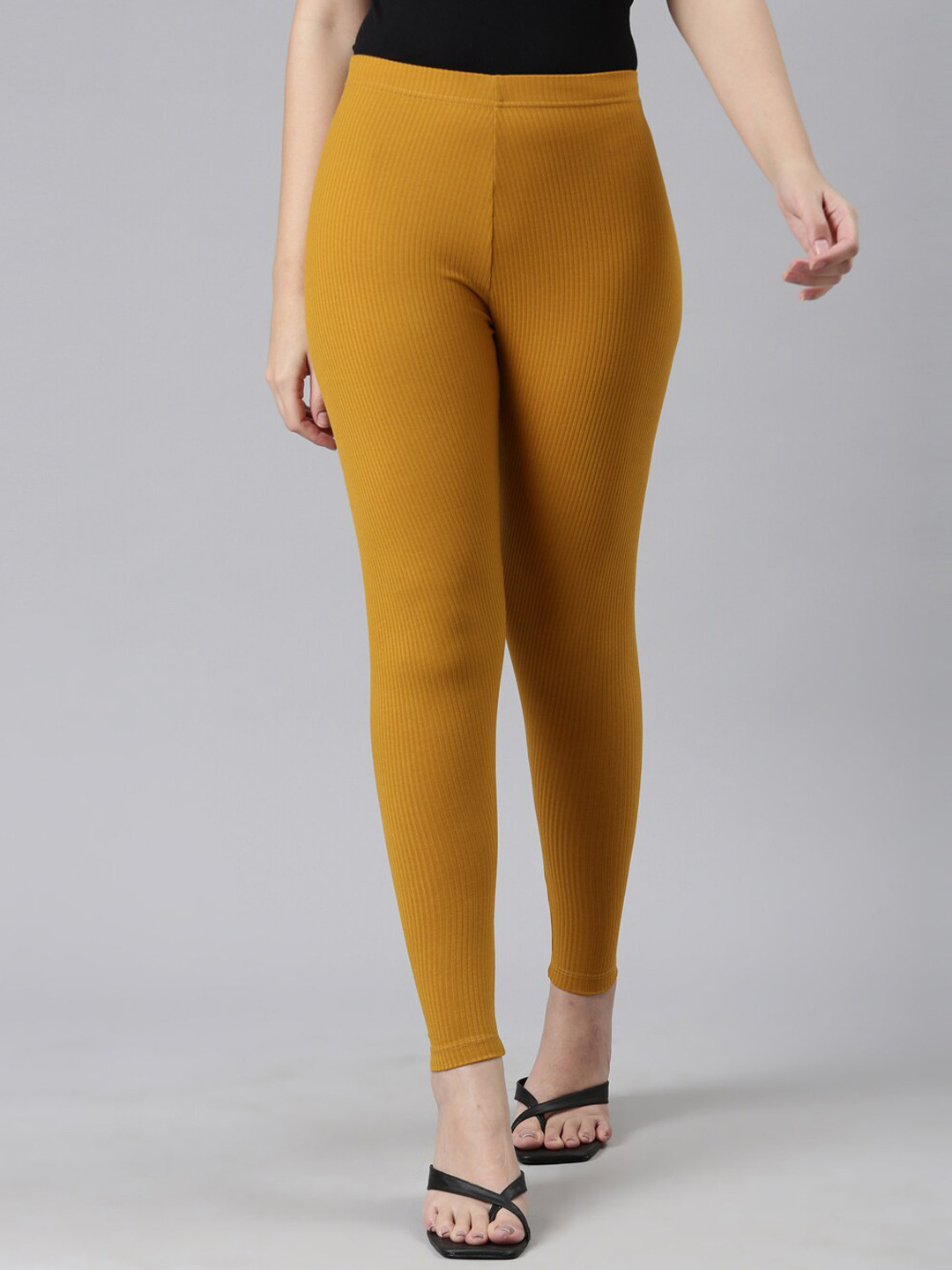 

Go Colors Striped Slim-Fit Ankle-Length Ribbed Leggings, Mustard