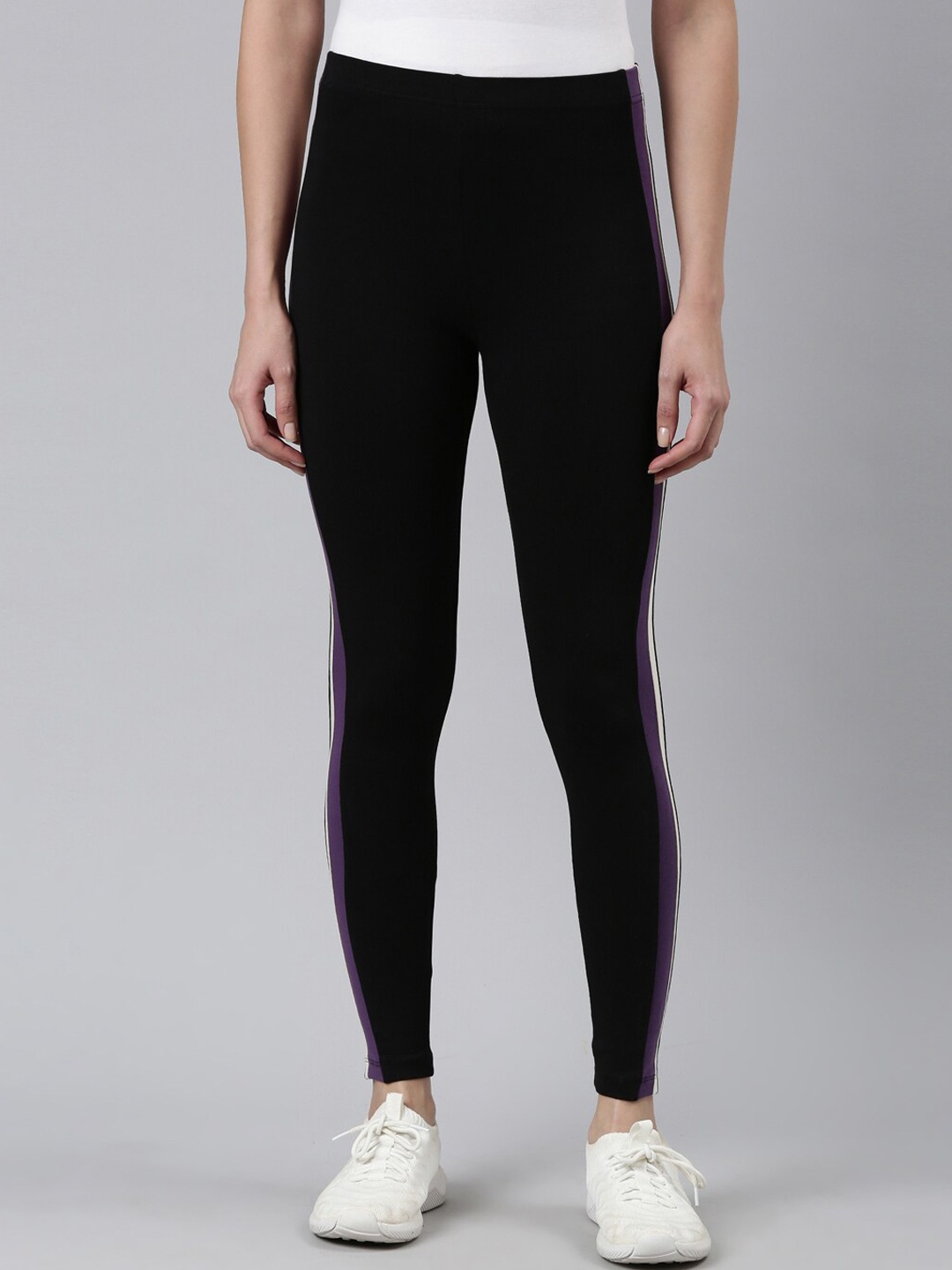 Go Colors Women Cotton Side Stripe Active Tights, Black