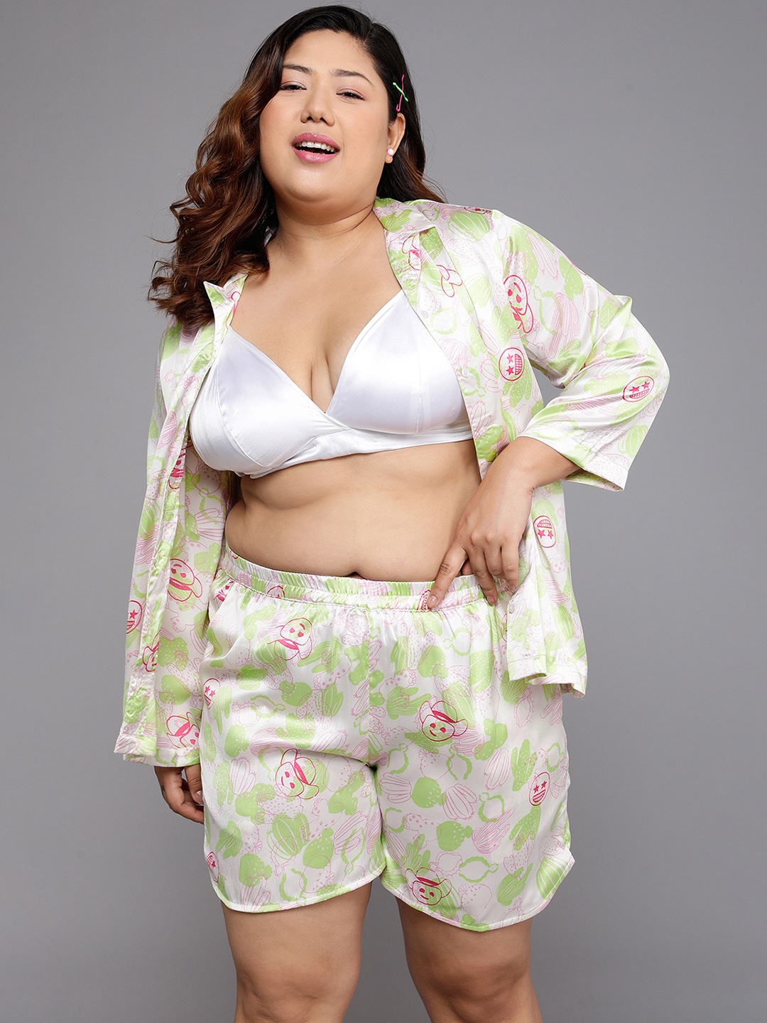

Clovia 3 Pieces Conversational Printed Satin Night Suit, White
