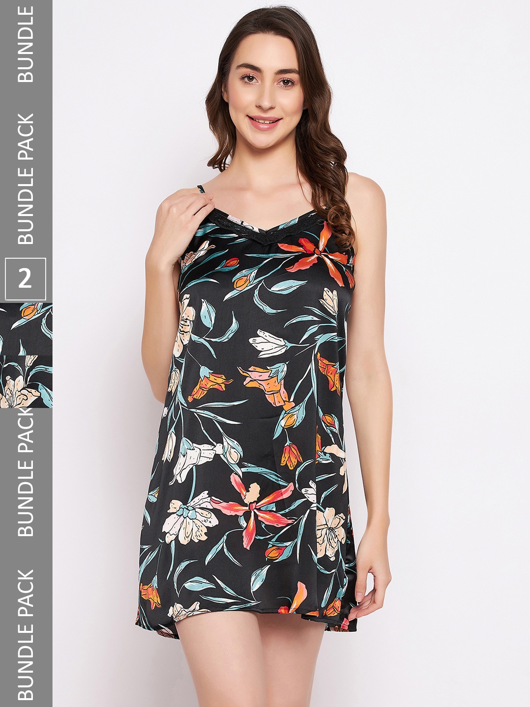 

Clovia Satin Pretty Florals Short Night Dress & Robe Set, Black