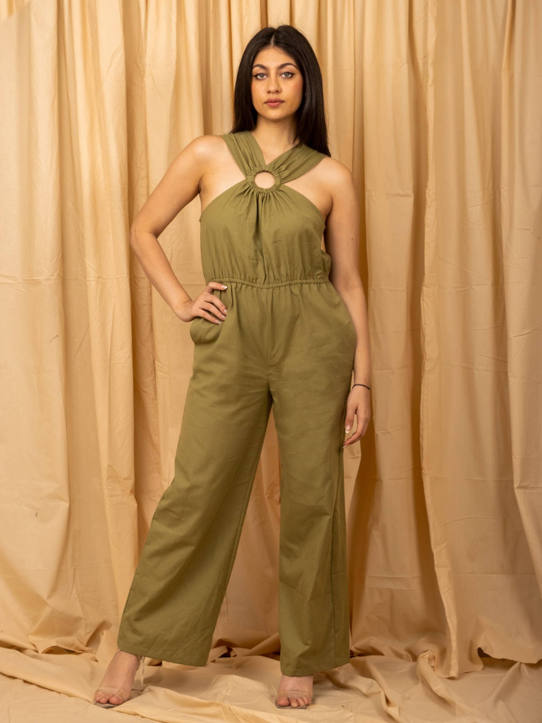 

ELEVEN.O.ONE Halter Neck Cotton Basic Jumpsuit, Khaki