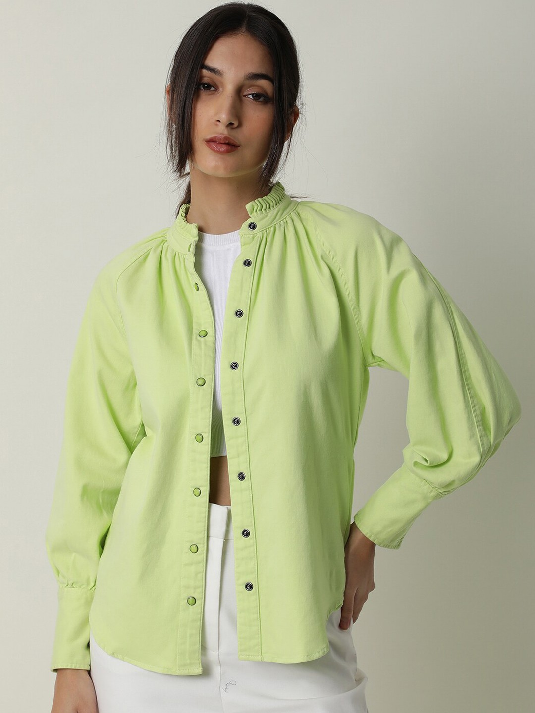 

RAREISM Ruffled Stand Collar Tailored Jacket, Green