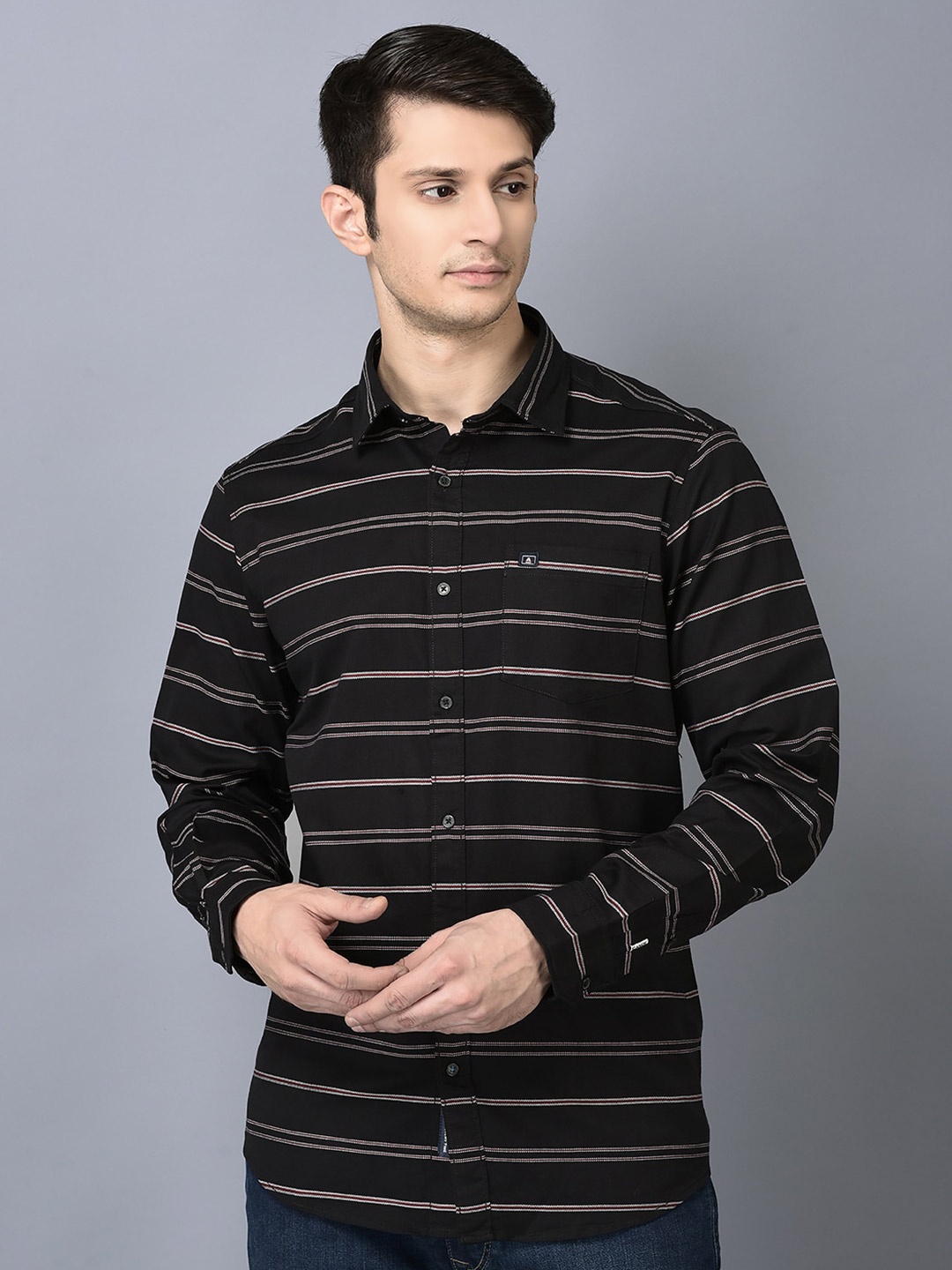 

CANOE Smart Horizontal Striped Pure Cotton Casual Shirt, Black