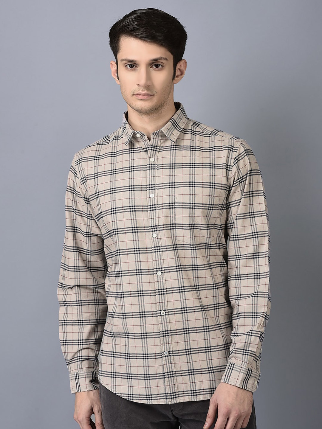 

CANOE Checked Long Sleeves Pure Cotton Casual Shirt, Beige