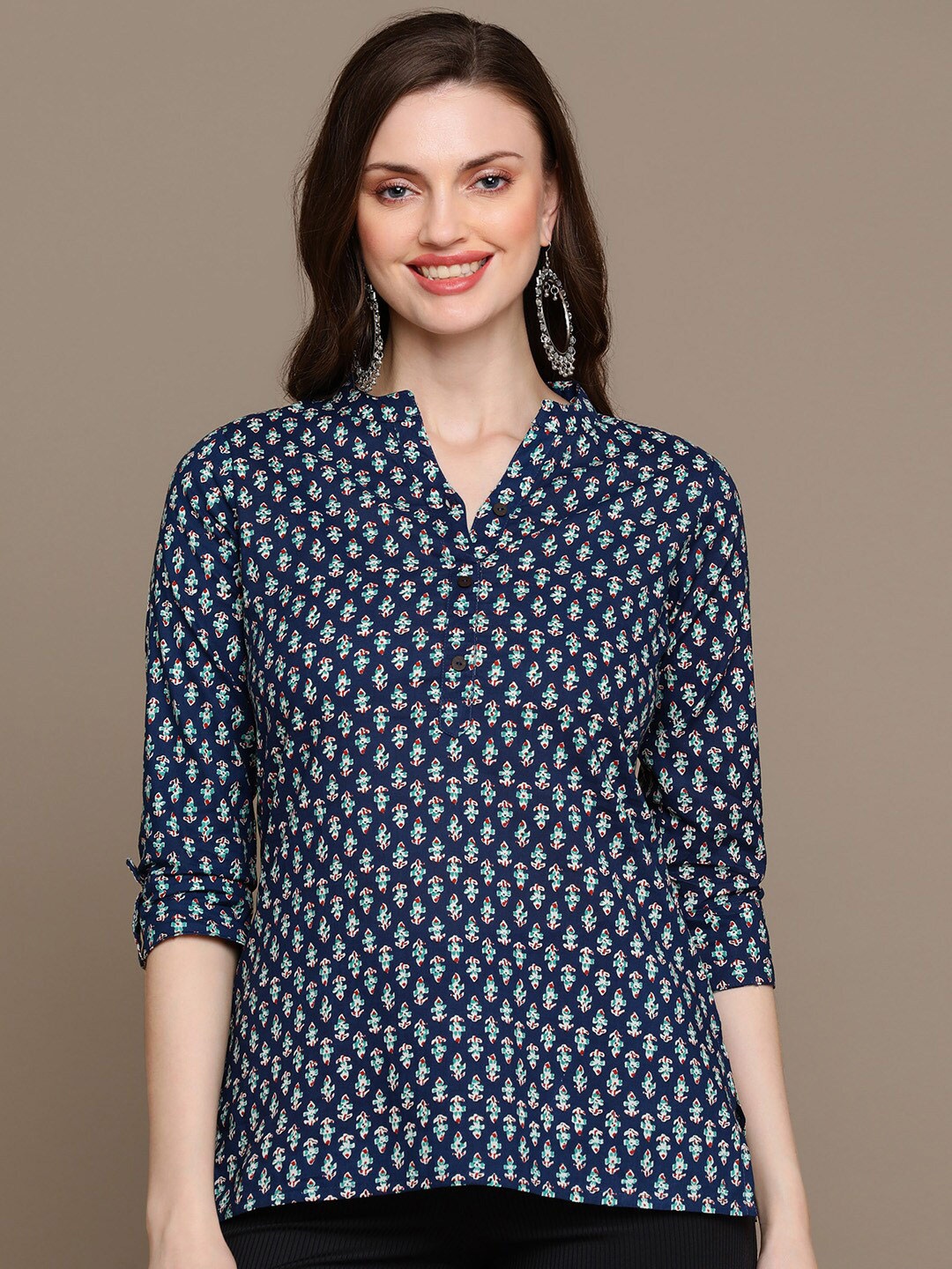 

MALHAAR Ethnic Motifs Printed Pure Cotton Kurti, Blue