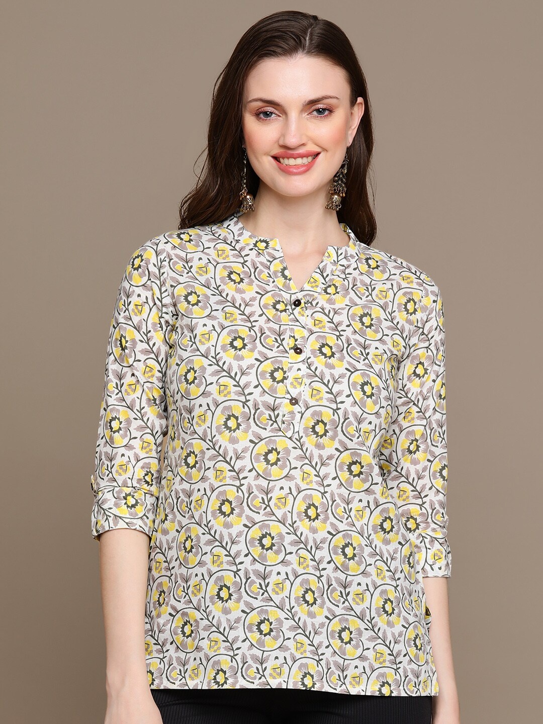 

MALHAAR Floral Printed Pure Cotton Kurti, Grey