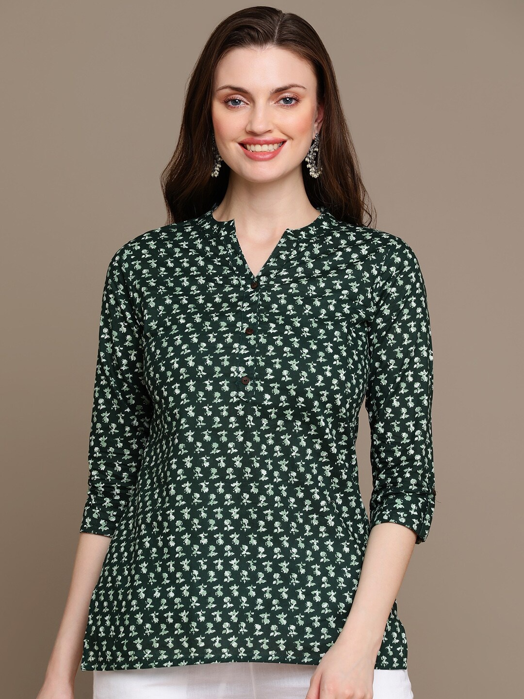

MALHAAR Abstract Printed Pure Cotton Kurti, Green