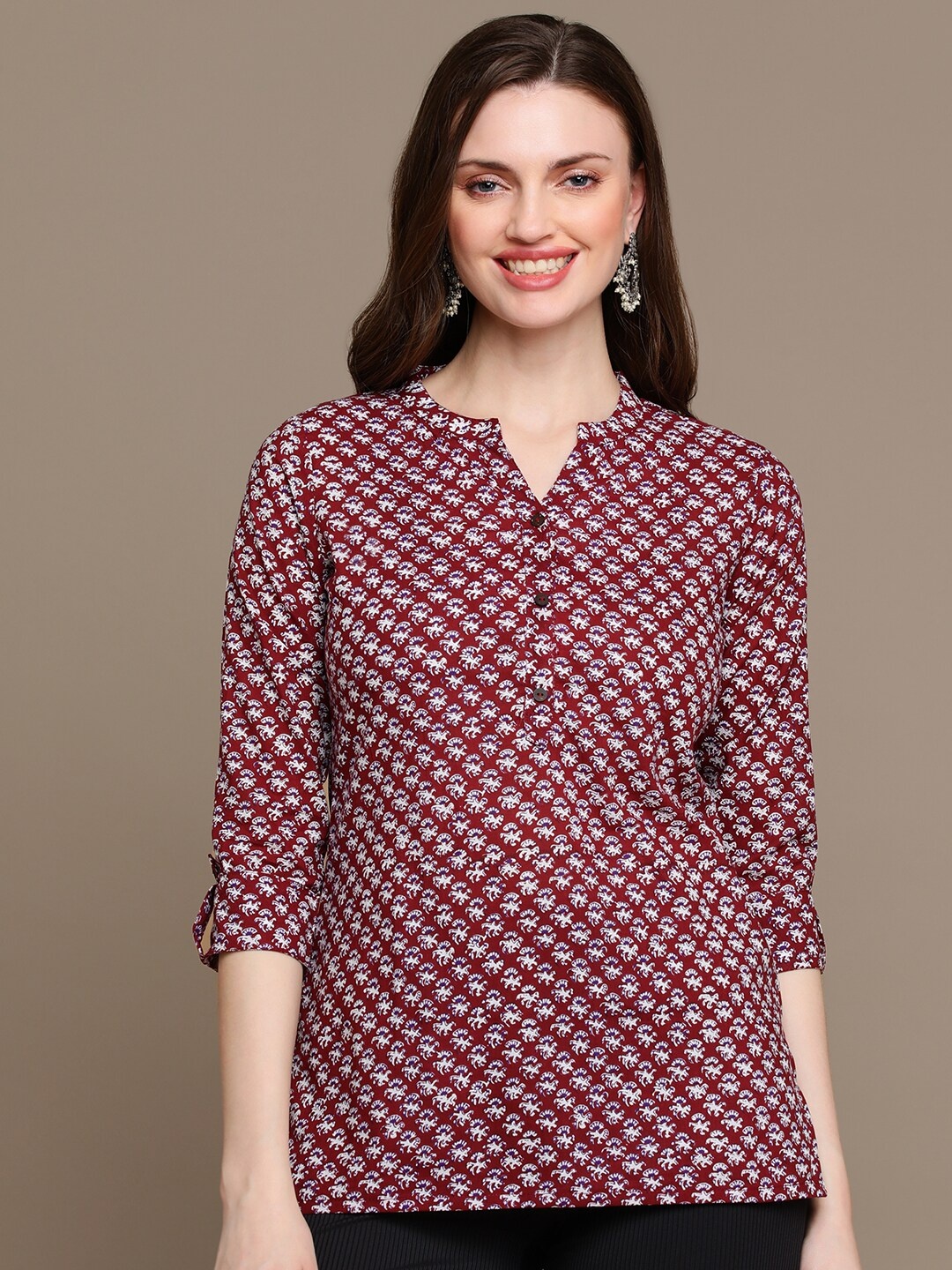 

MALHAAR Ethnic Motifs Printed Pure Cotton Kurti, Maroon