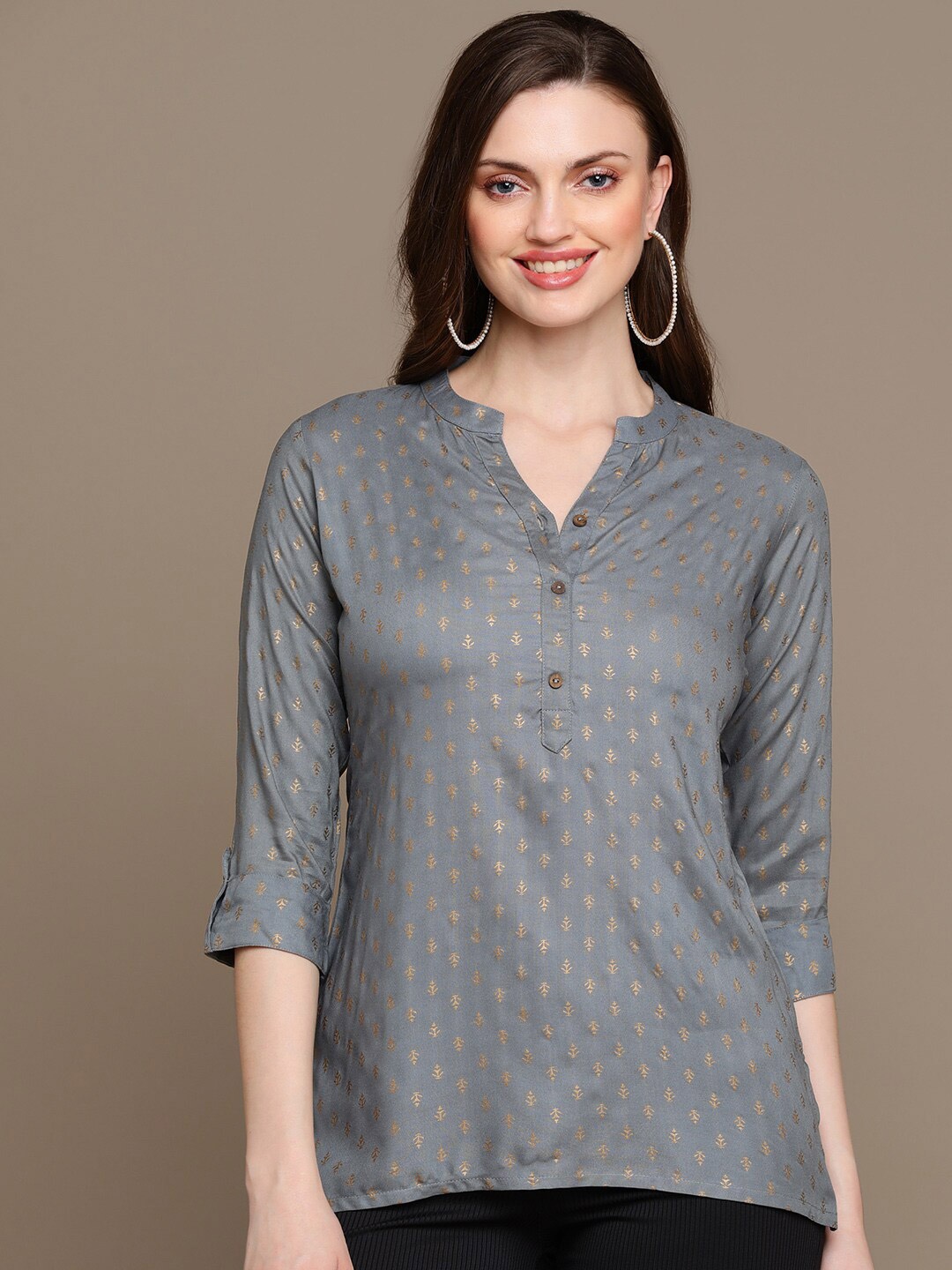 

MALHAAR Ethnic Motifs Printed Mandarin Collar Kurti, Grey