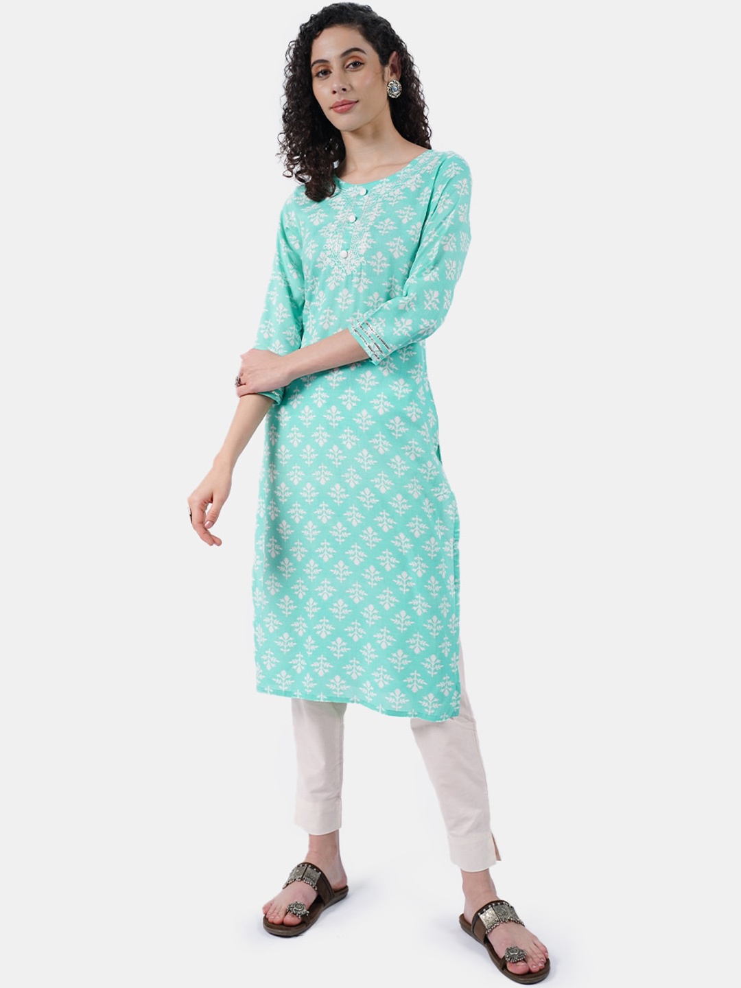 

Rmya Ethnic Motifs Printed Thread Work Kurta, Turquoise blue