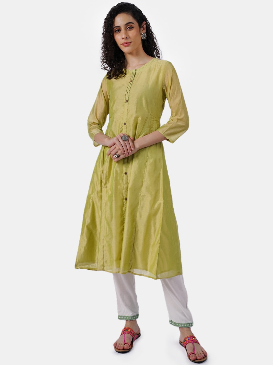 

Rmya Thread Work Panelled A-Line Kurta, Green