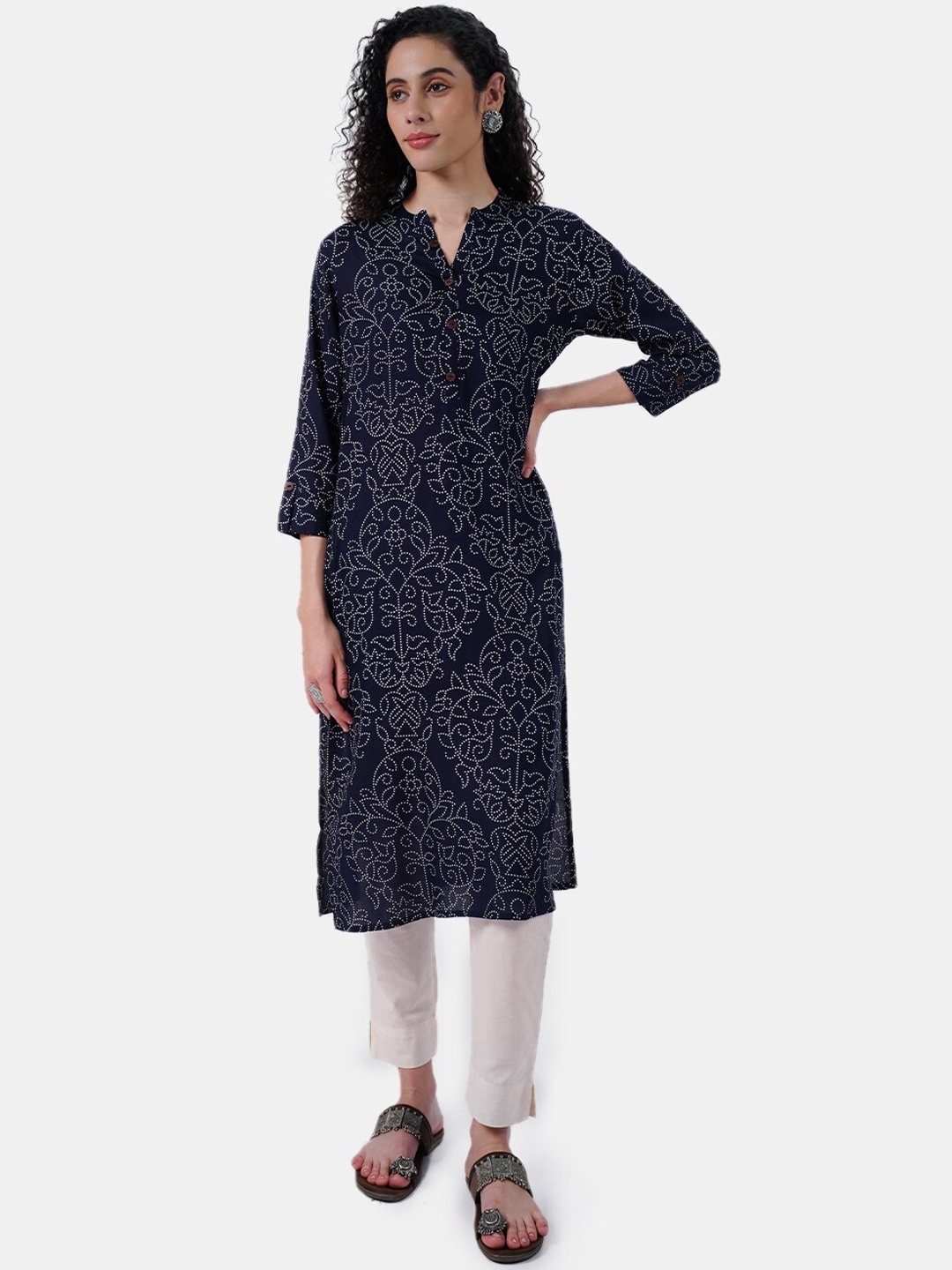 

Rmya Bandhani Printed Mandarin Collar Kurta, Navy blue