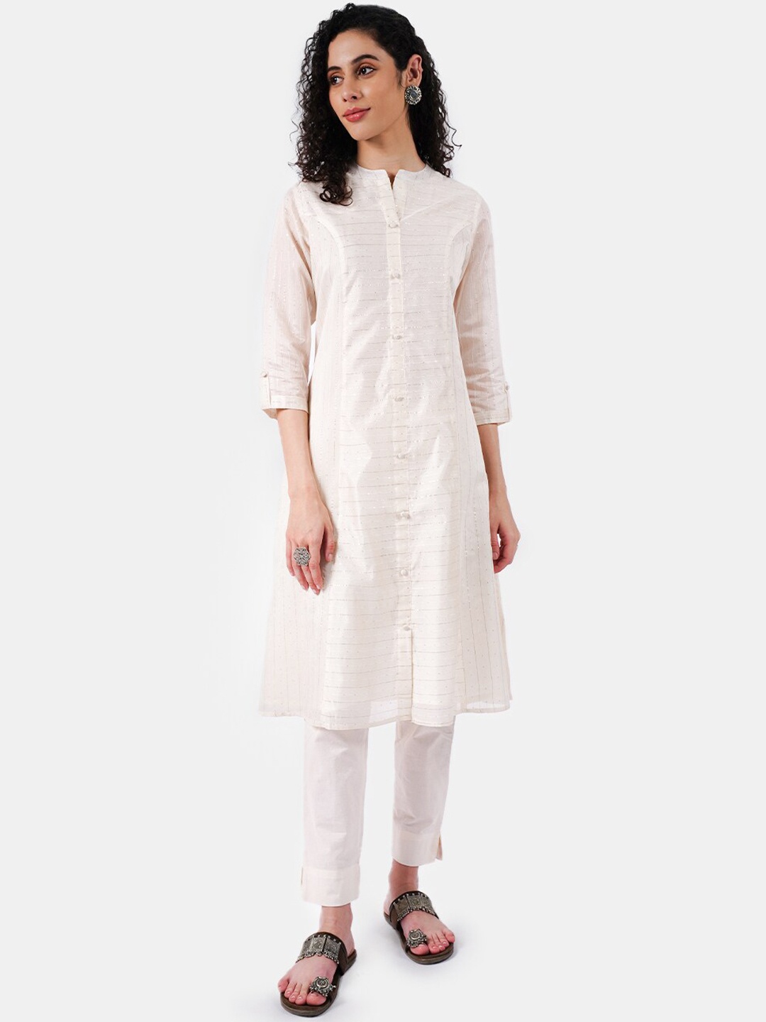 

Rmya Striped Thread Work Sequined A-line Panelled Kurta, Off white