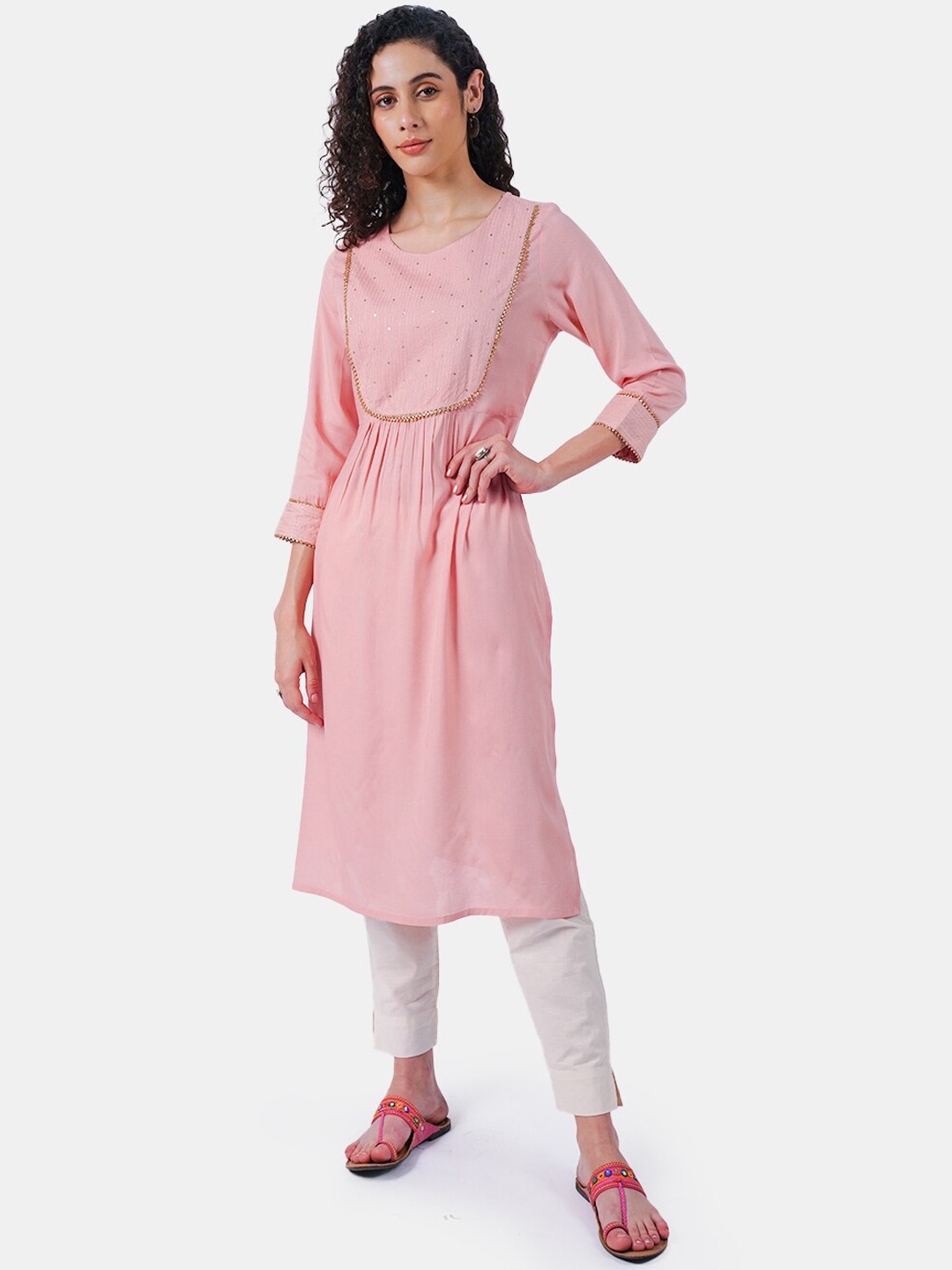 

Rmya Thread Work Sequined Pleated A-Line Kurta, Pink