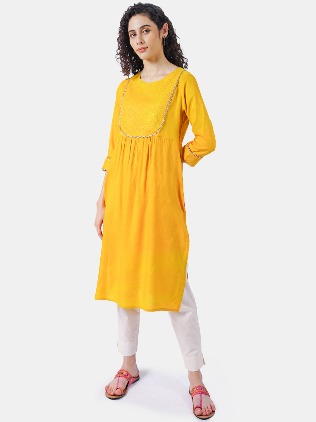 

Rmya A-Line Pleated Gotta Patti Sequined Kurta, Yellow
