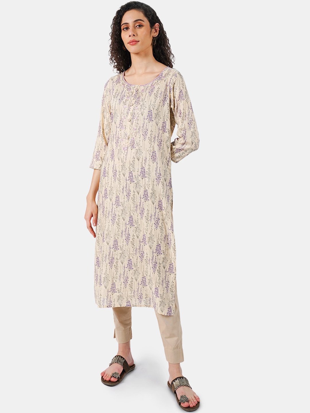 

Rmya Floral Printed Zari Straight Kurta, Off white