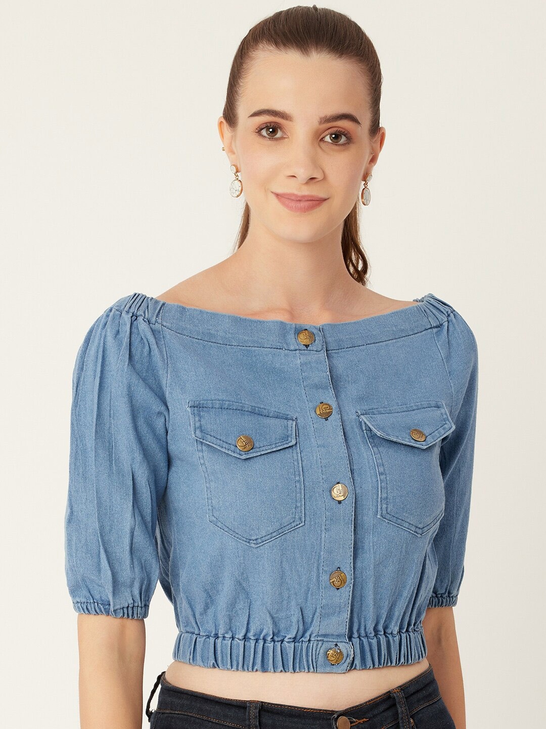 

urSense Boat Neck Puff Sleeve Denim Blouson Crop Top, Blue