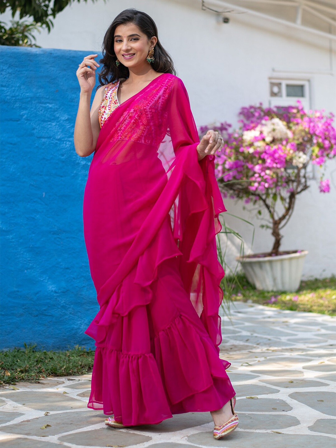 

Label Shaurya Sanadhya Ruffled Pure Georgette Saree, Pink
