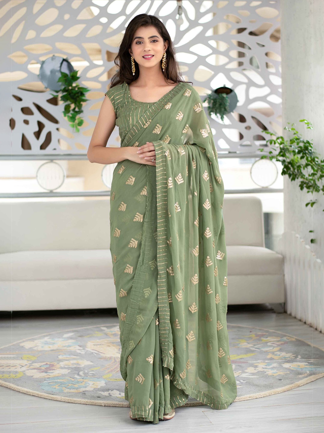 

Label Shaurya Sanadhya Sequin Embellished Pure Georgette Saree, Olive