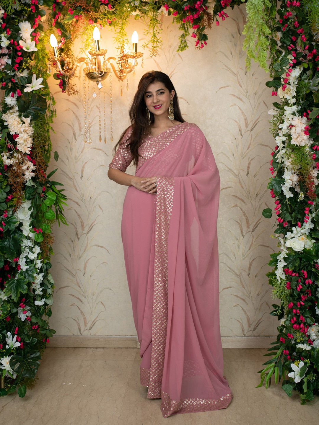 

Label Shaurya Sanadhya Sequinned Pure Georgette Saree, Pink