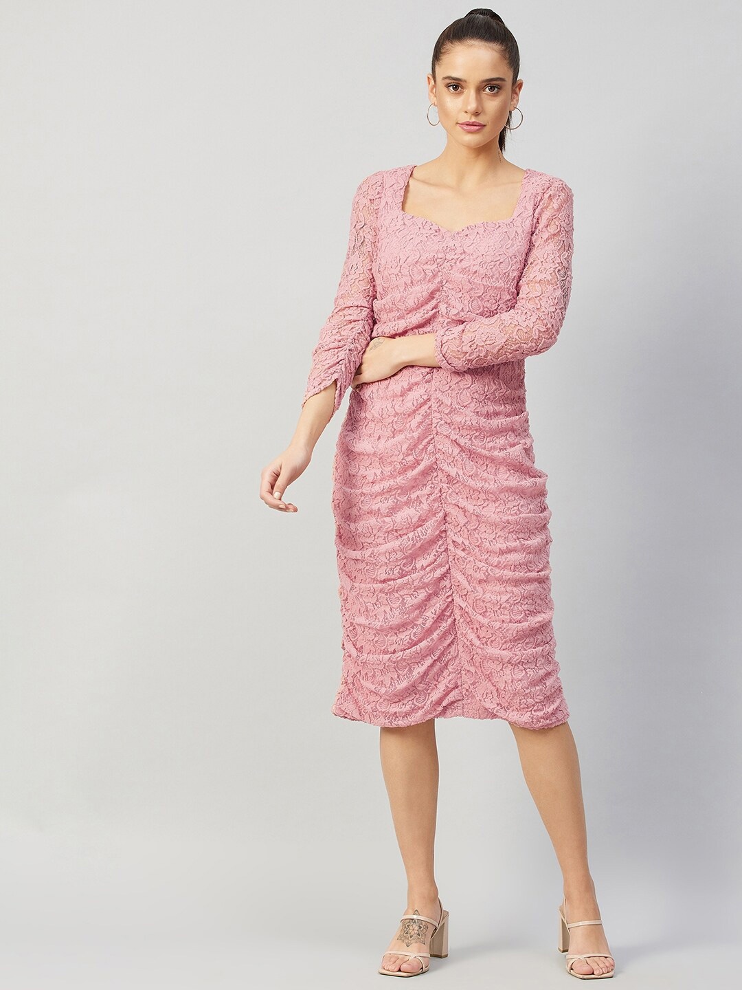 

POSHBERY Sweetheart Neck Self Design Ruched Lace Sheath Dress, Pink