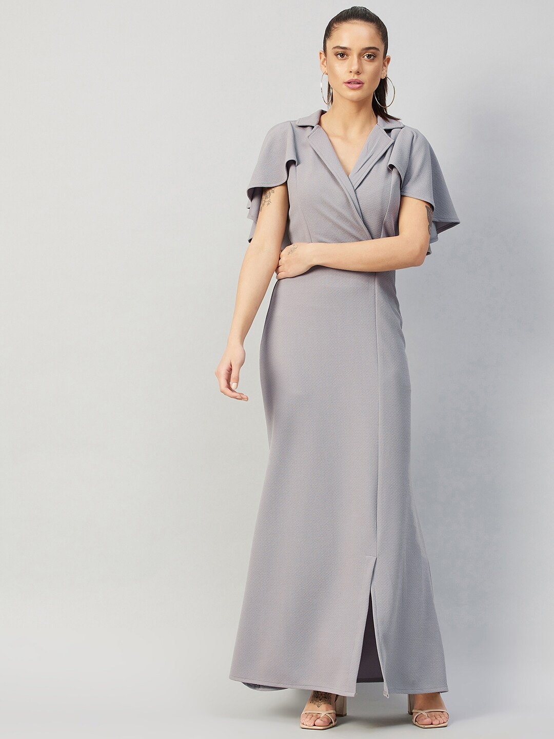 

POSHBERY Spread Collar Flared Sleeve Slit Maxi Dress, Grey