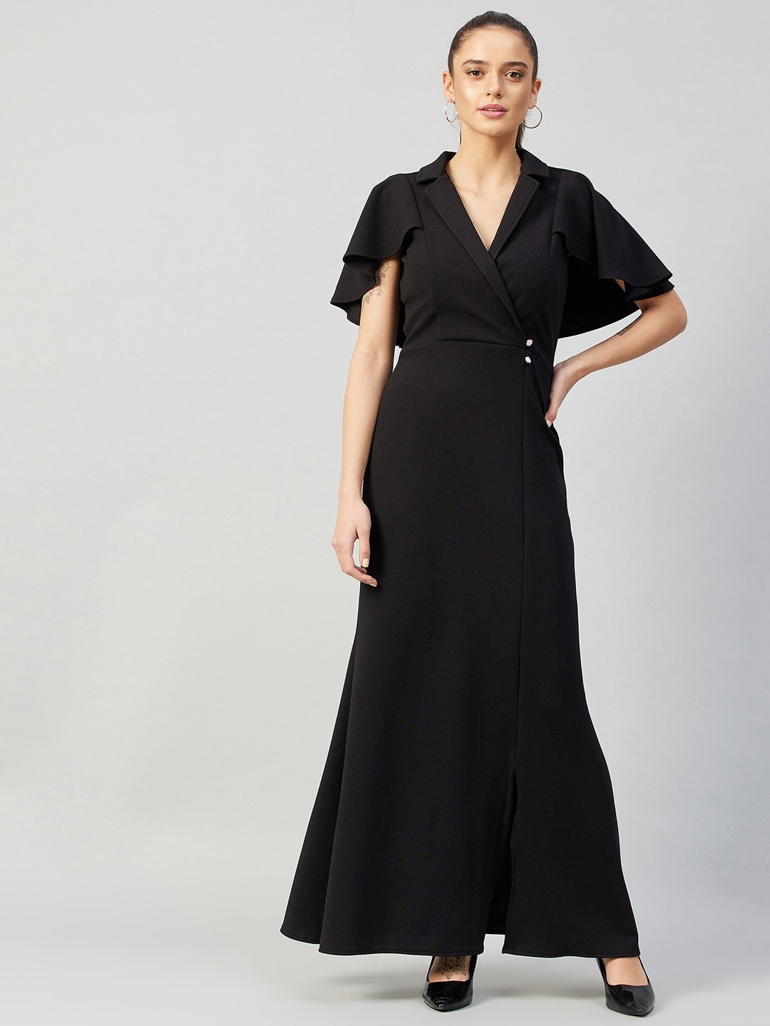 

POSHBERY Spread Collar Flutter Cape Sleeve Maxi Dress, Black