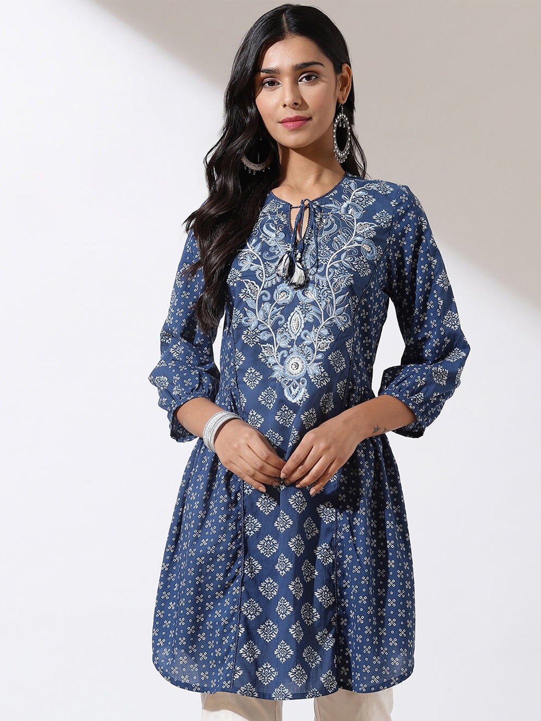 

Lakshita Plus Size Ethnic Motifs Printed Pure Cotton A-Line Kurti, Navy blue