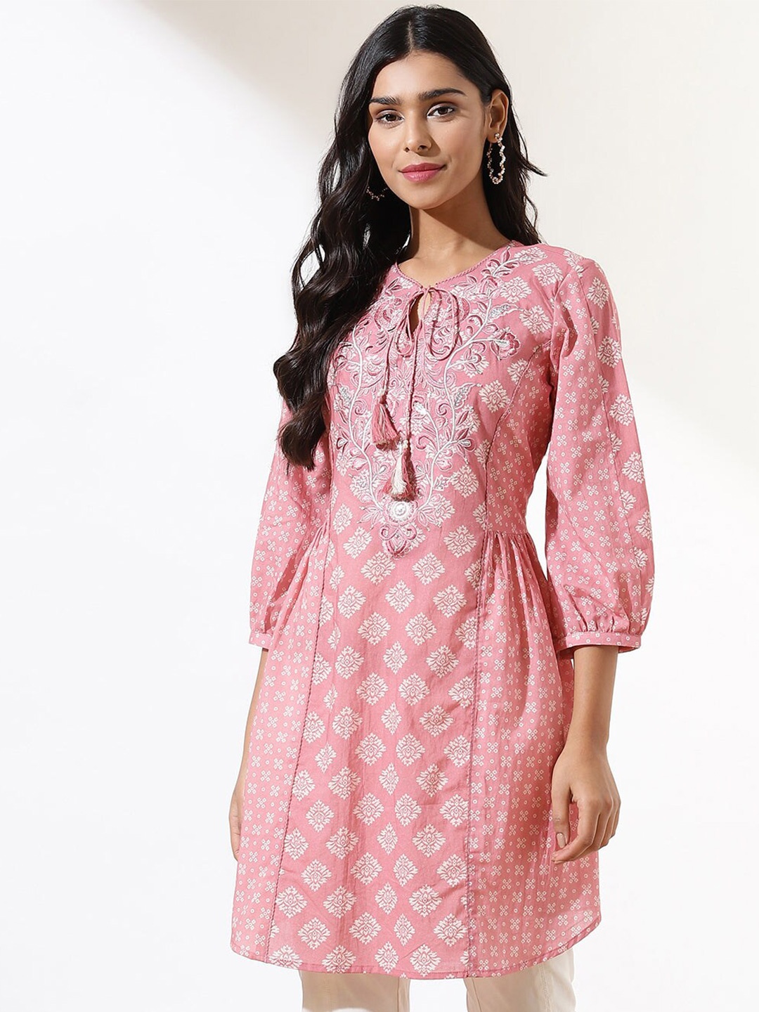 

Lakshita Tie-Up Neck Ethnic Motifs Printed Thread Work Pure Cotton A-Line Kurta, Peach