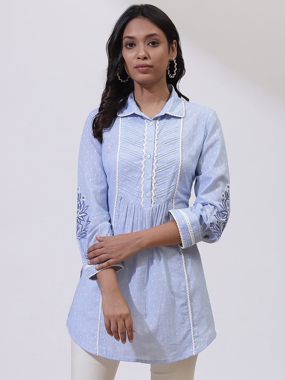 

Lakshita Woven Design Shirt Collar Thread Work Pure Cotton Kurti, Blue