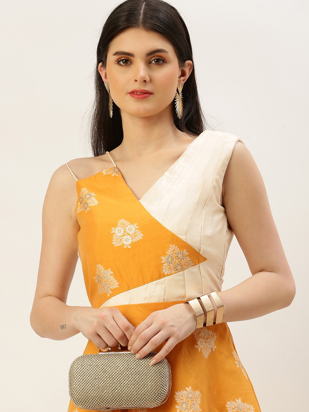 

Ethnovog Floral Printed Jacquard Ethnic Maxi Dress, Mustard