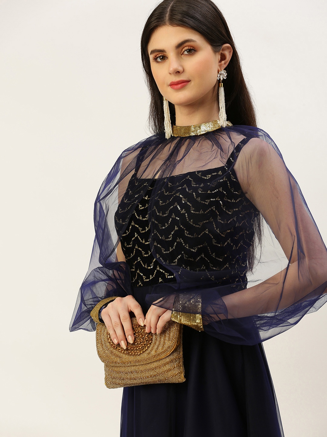 

Ethnovog Velvet Embellished Dress With Cape, Navy blue