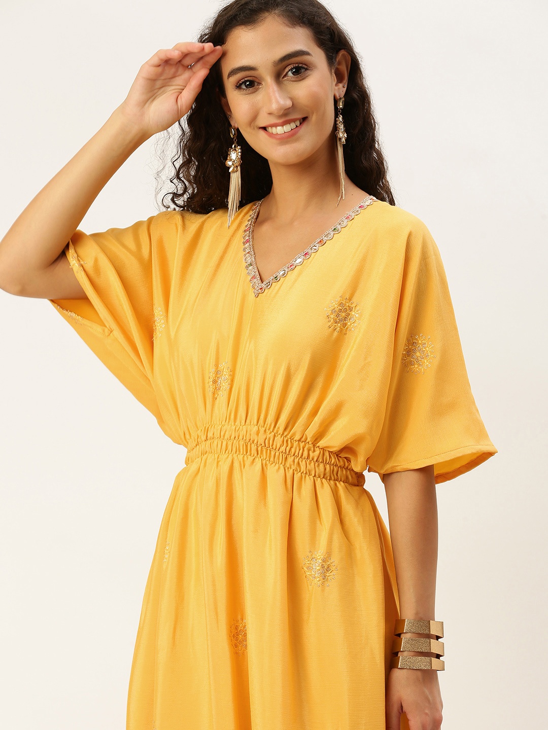 

Ethnovog Embroidered Chinon Kaftan Dress, Yellow