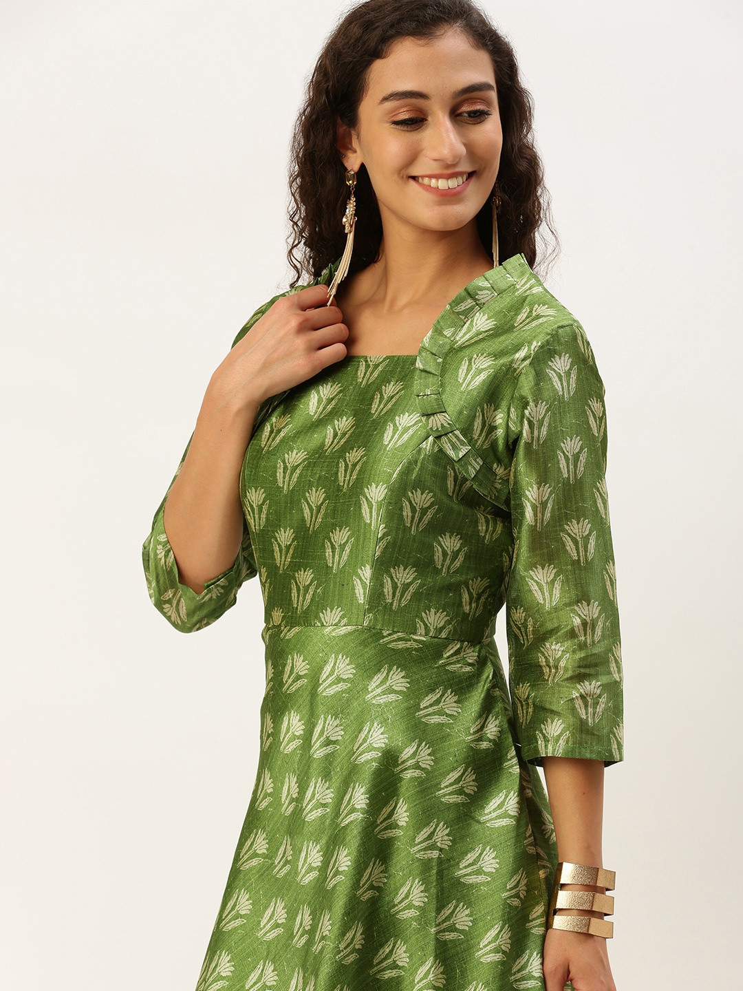 

Ethnovog Floral Printed Ruffles Maxi Dress, Green