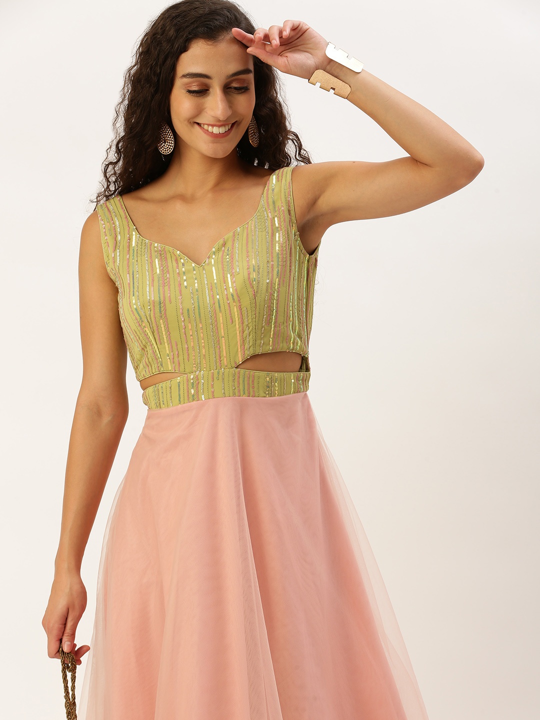 

Ethnovog Sequined Embroidered Gown Dress, Peach