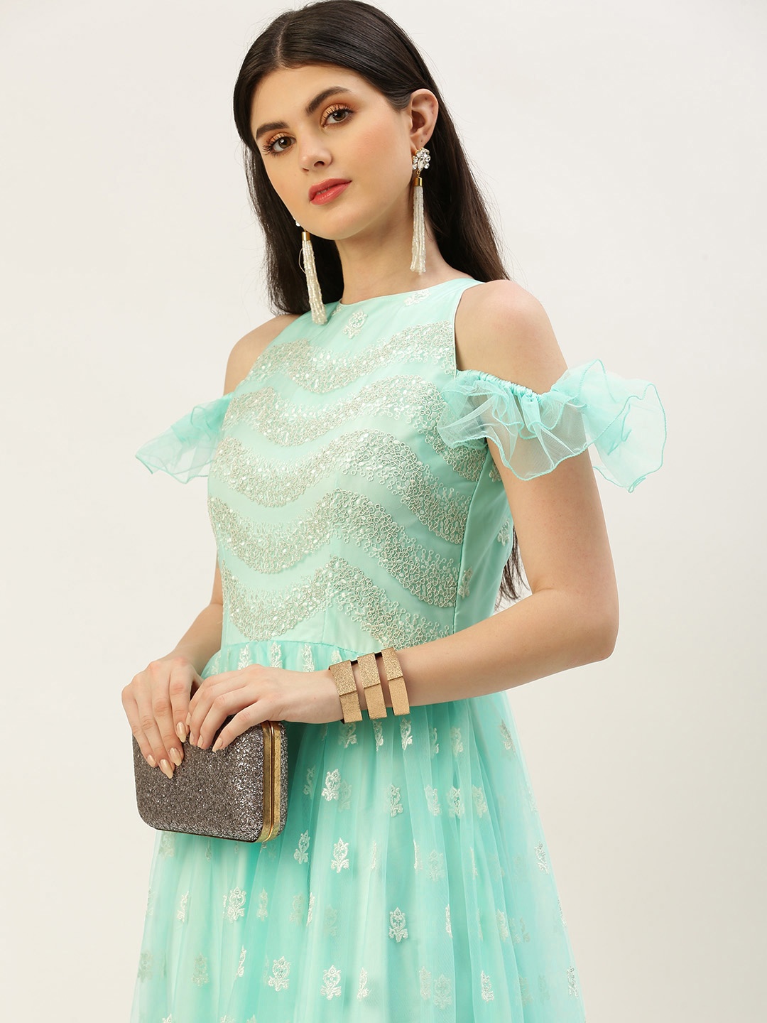 

Ethnovog Sequins Embellished Tiered Gown, Sea green