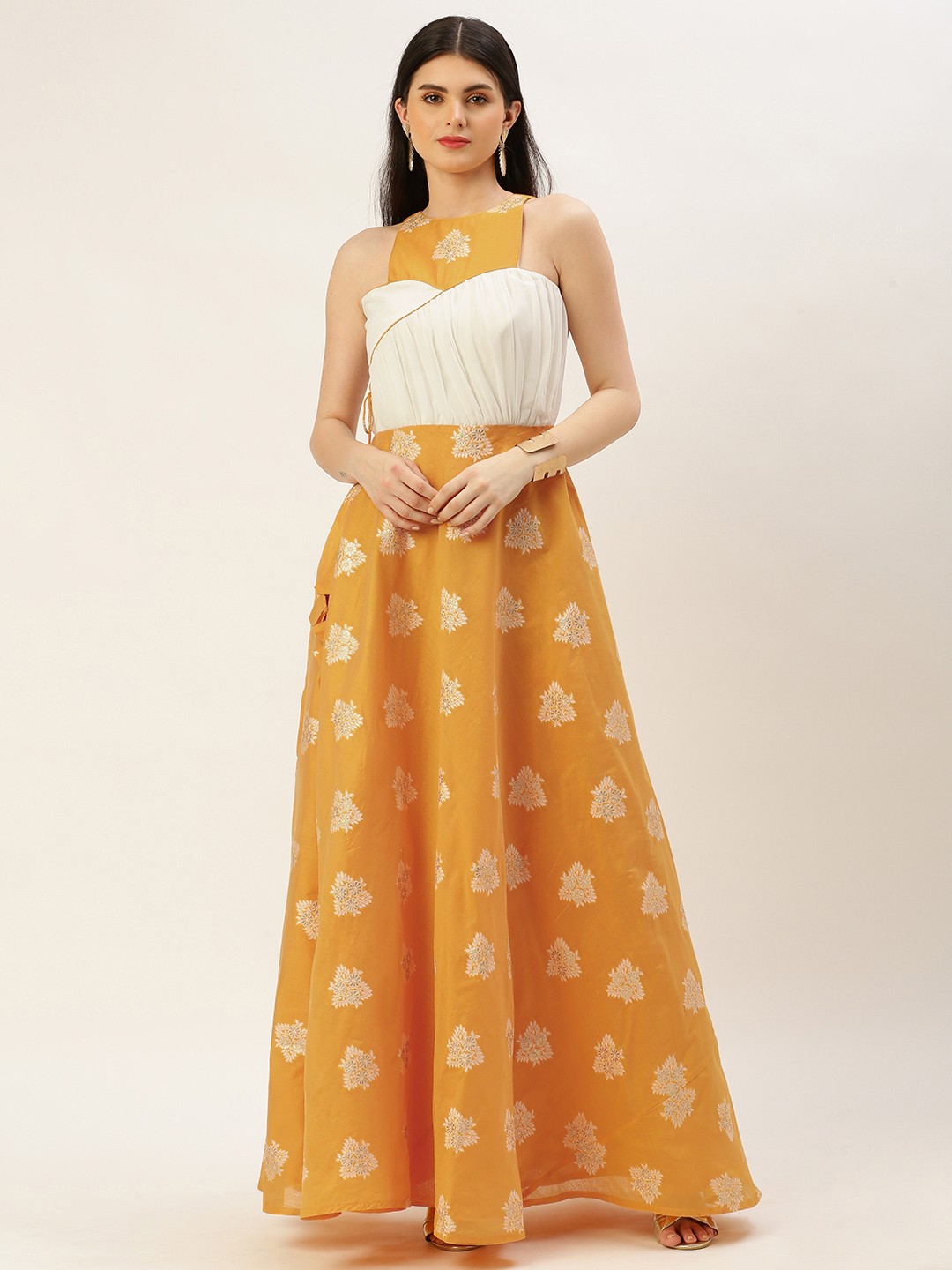 

Ethnovog Floral Tie-Ups Maxi Dress, Mustard