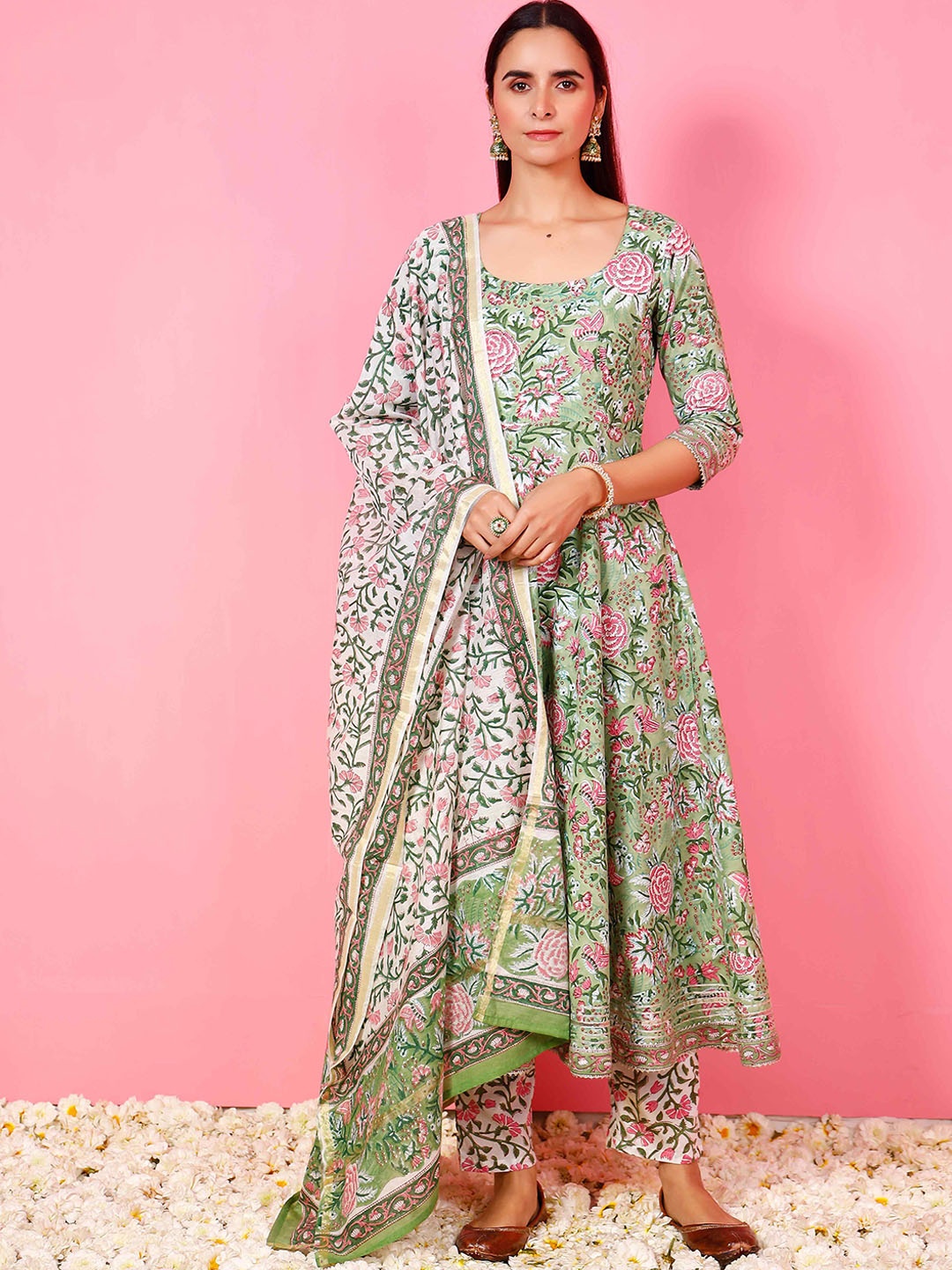 

PHEETA Floral Printed Anarkali Screen Pure Cotton Kurta with Trousers & Dupatta, Green
