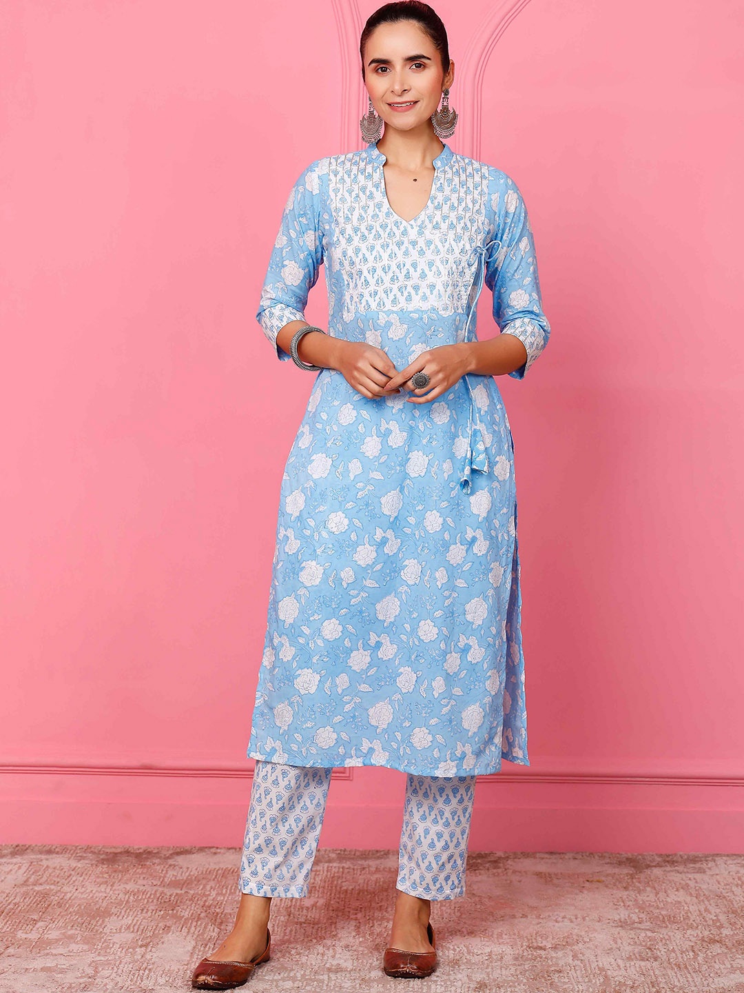 

PHEETA Floral Printed Screen Pure Cotton Kurta with Trousers, Blue